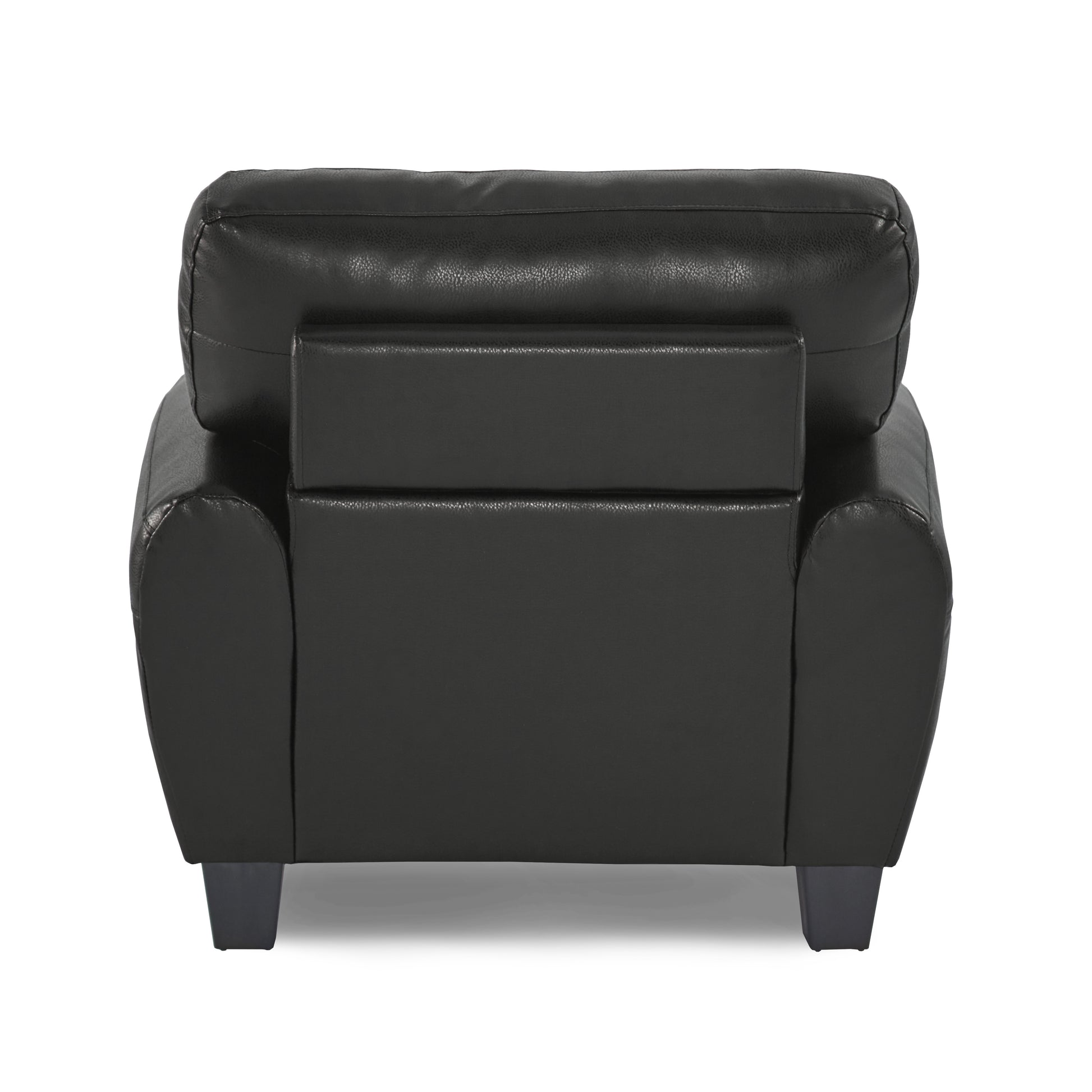 Back view of a black leather armchair with padded seat and arms