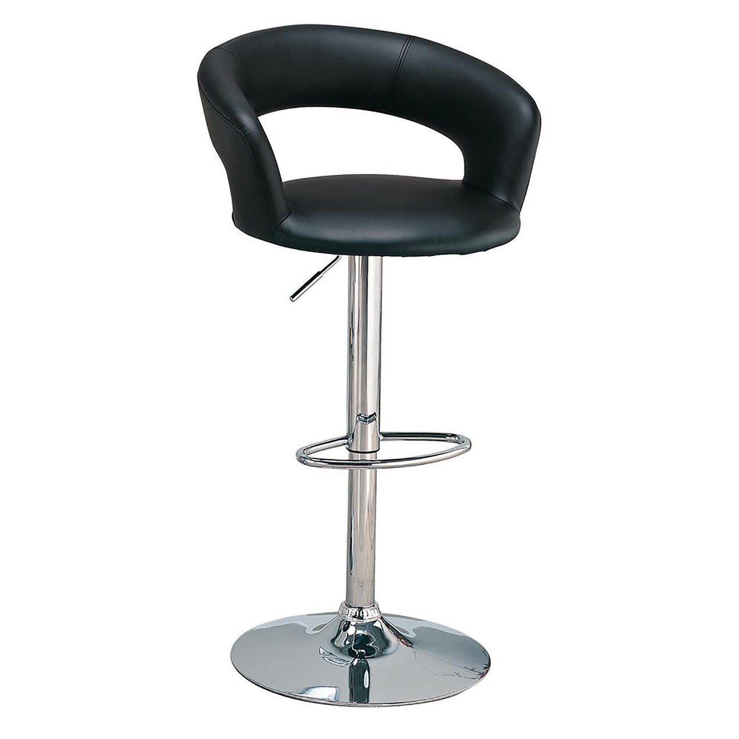 Adjustable black faux leather bar stool with a curved backrest and chrome base