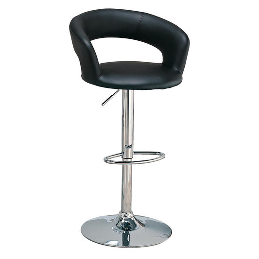 Adjustable black faux leather bar stool with a curved backrest and chrome base