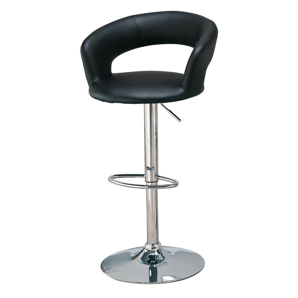 Black leather bar stool with chrome adjustable height and footrest