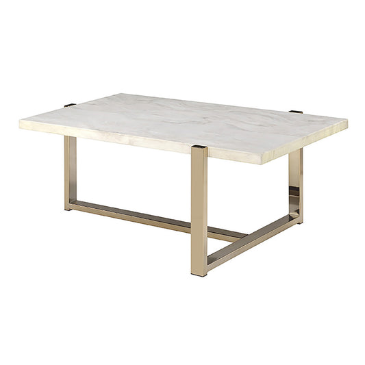 Rectangular white marble coffee table with gold metal frame