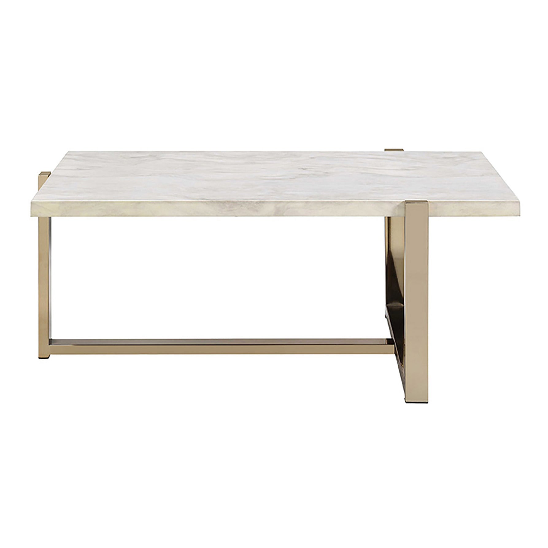 Rectangular marble top coffee table with polished brass metal legs