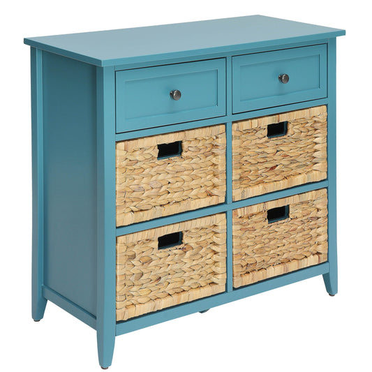 Teal wood cabinet with four woven storage baskets and two drawers