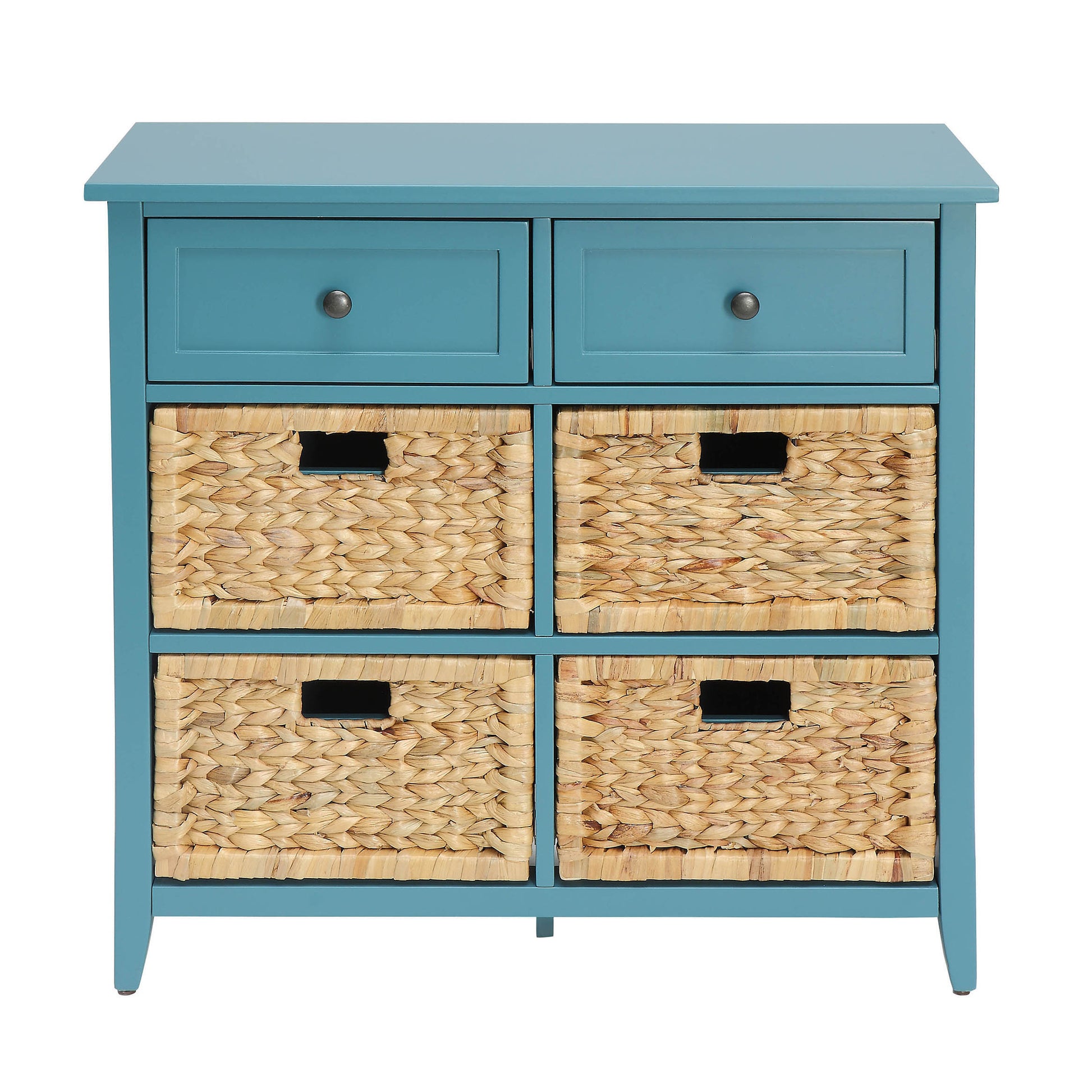 Teal wood cabinet with two drawers and four woven basket storage compartments
