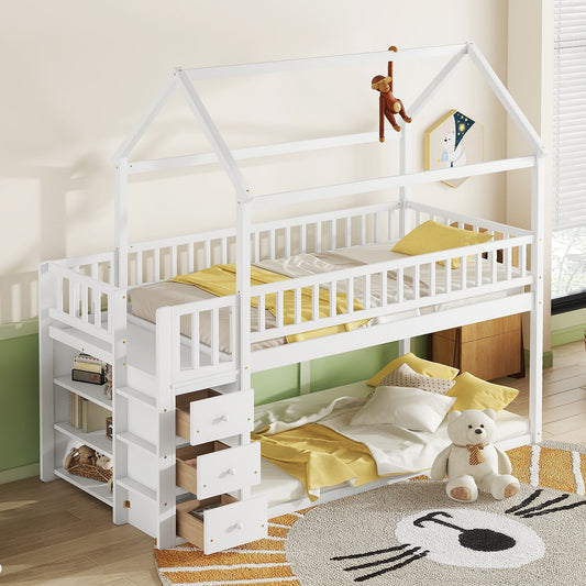 White wooden house bunk bed with drawers and shelves
