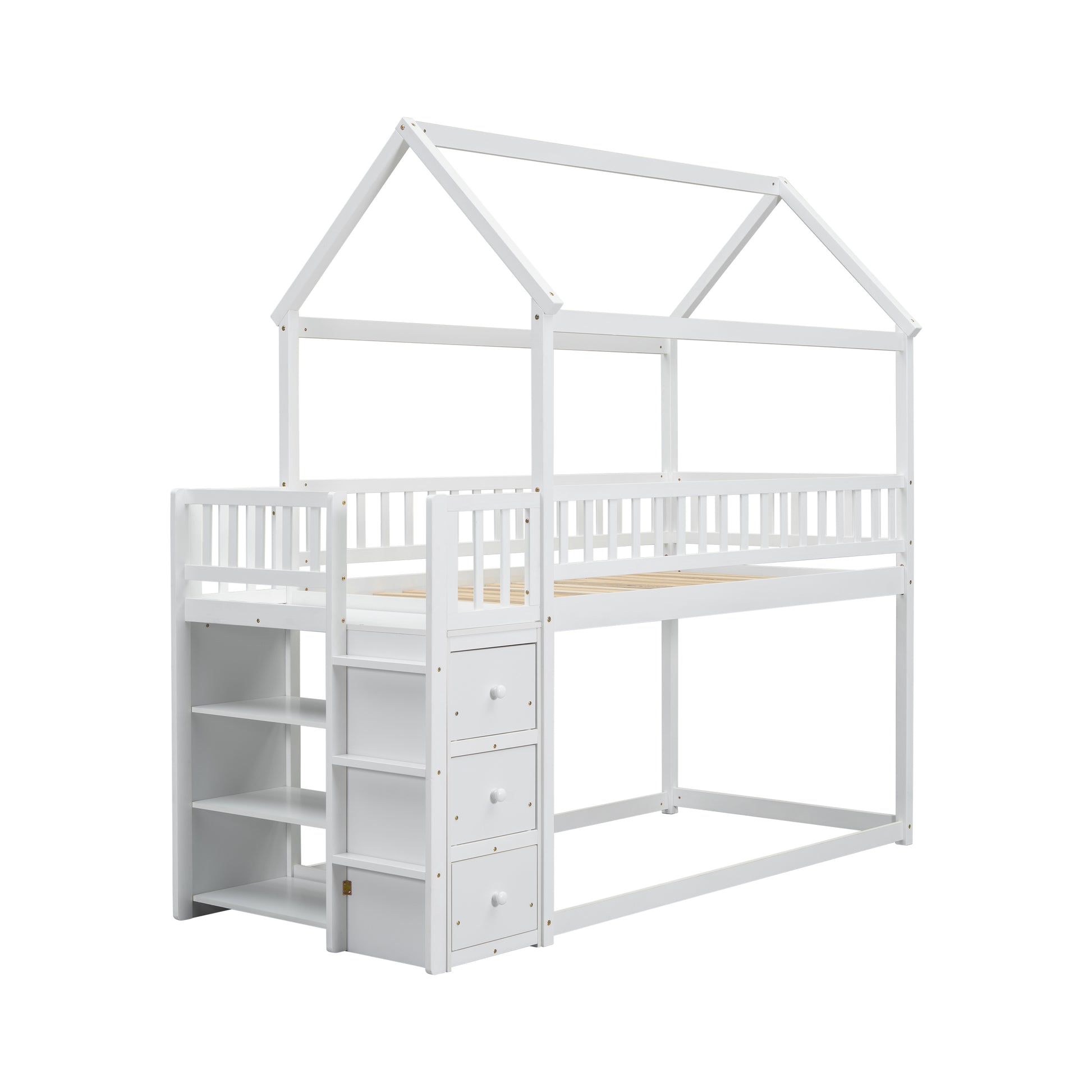 White wooden house bunk bed with stairs and drawers