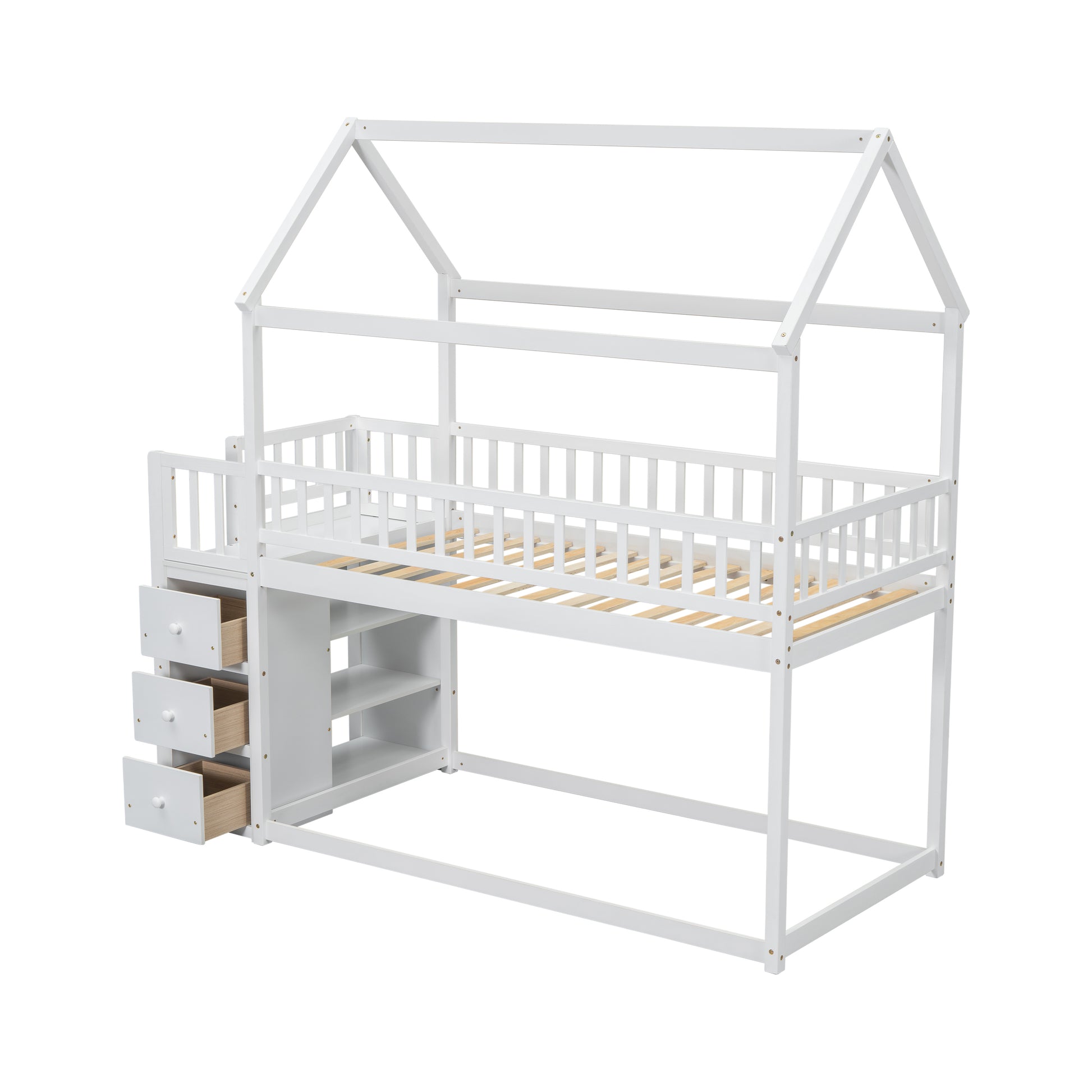 White wooden house bunk bed with drawers and shelves