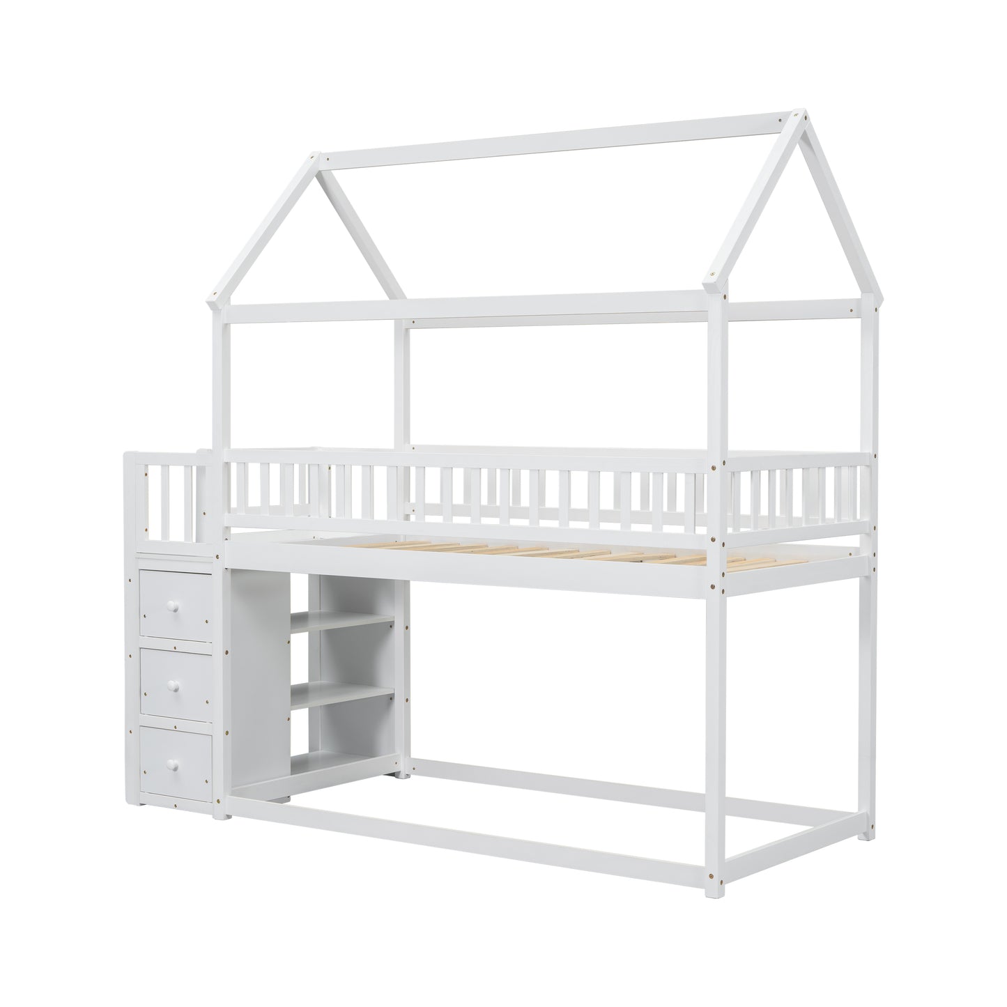 White wooden house frame bunk bed with integrated drawers and shelves