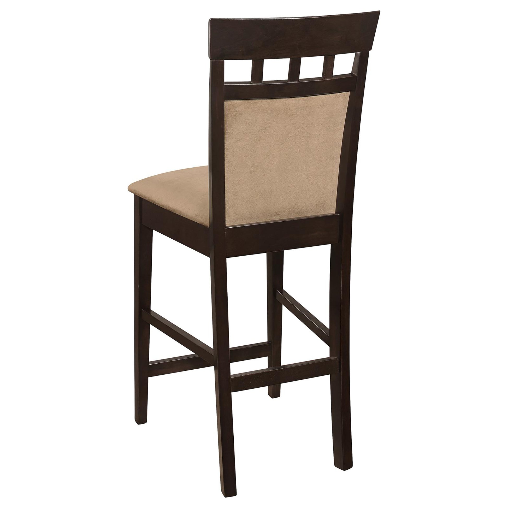 Dark brown wooden bar stool with beige fabric seat and backrest