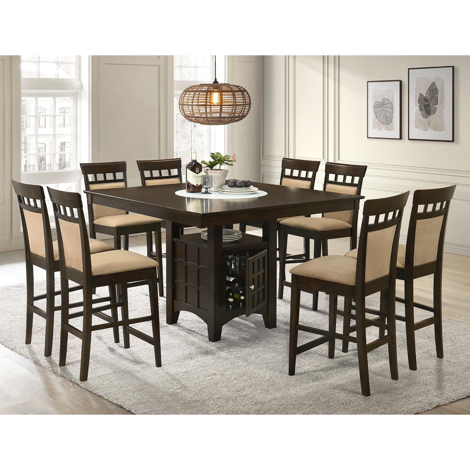 Dark wood square counter height table with wine rack and eight beige upholstered stools