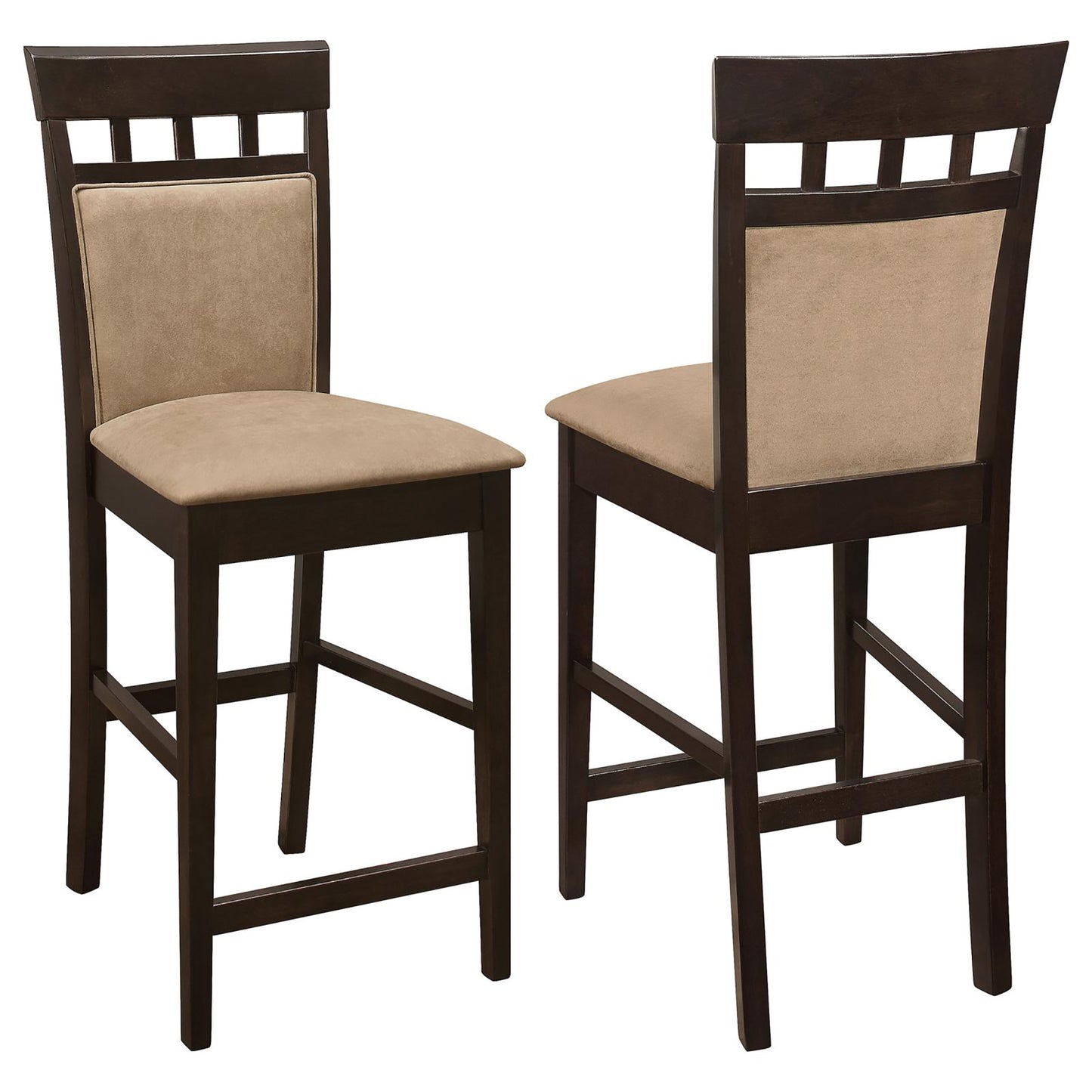 Two dark wood bar stools with tan upholstered seats and backs A stylish kitchen accent