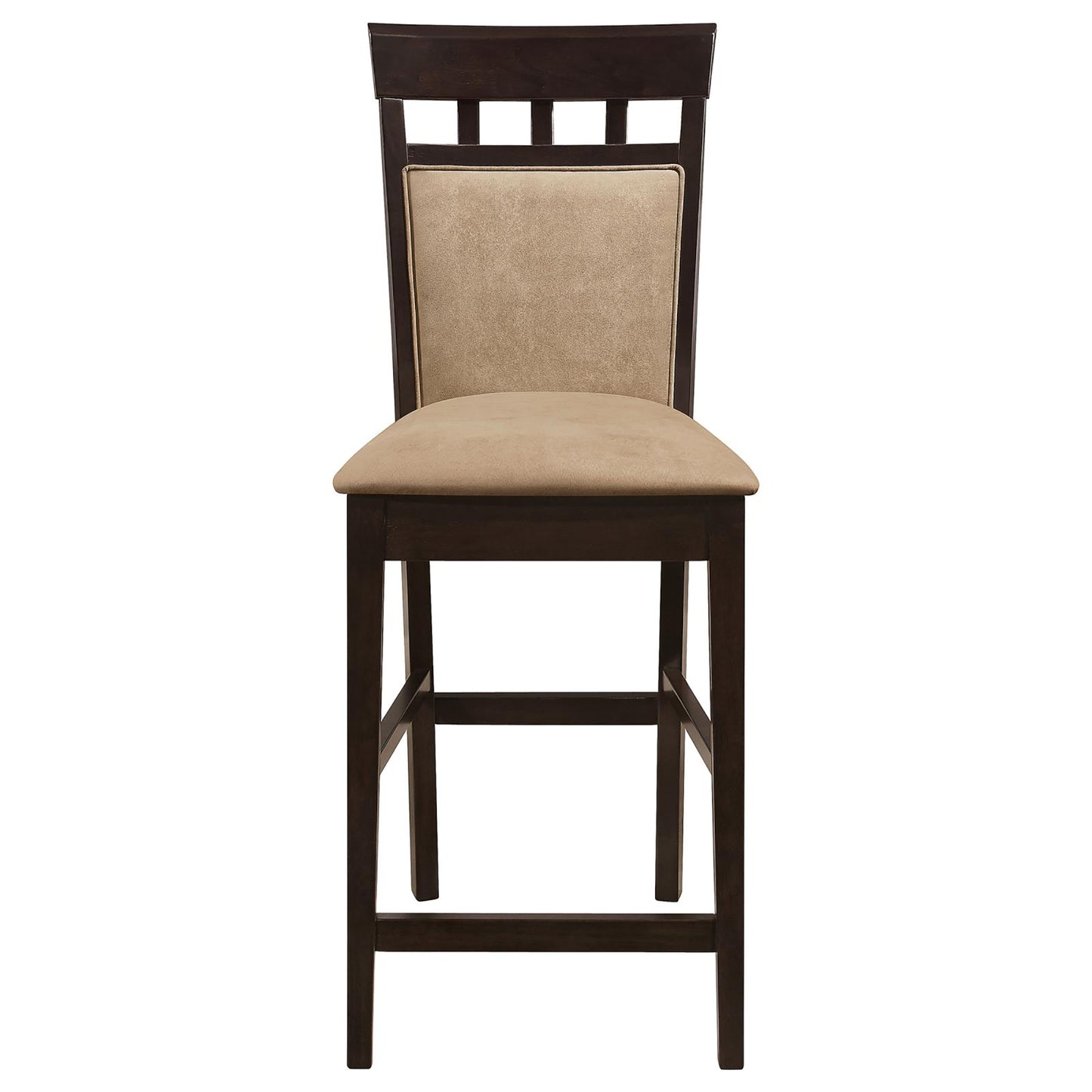Dark brown wood bar stool with tan upholstered seat and back