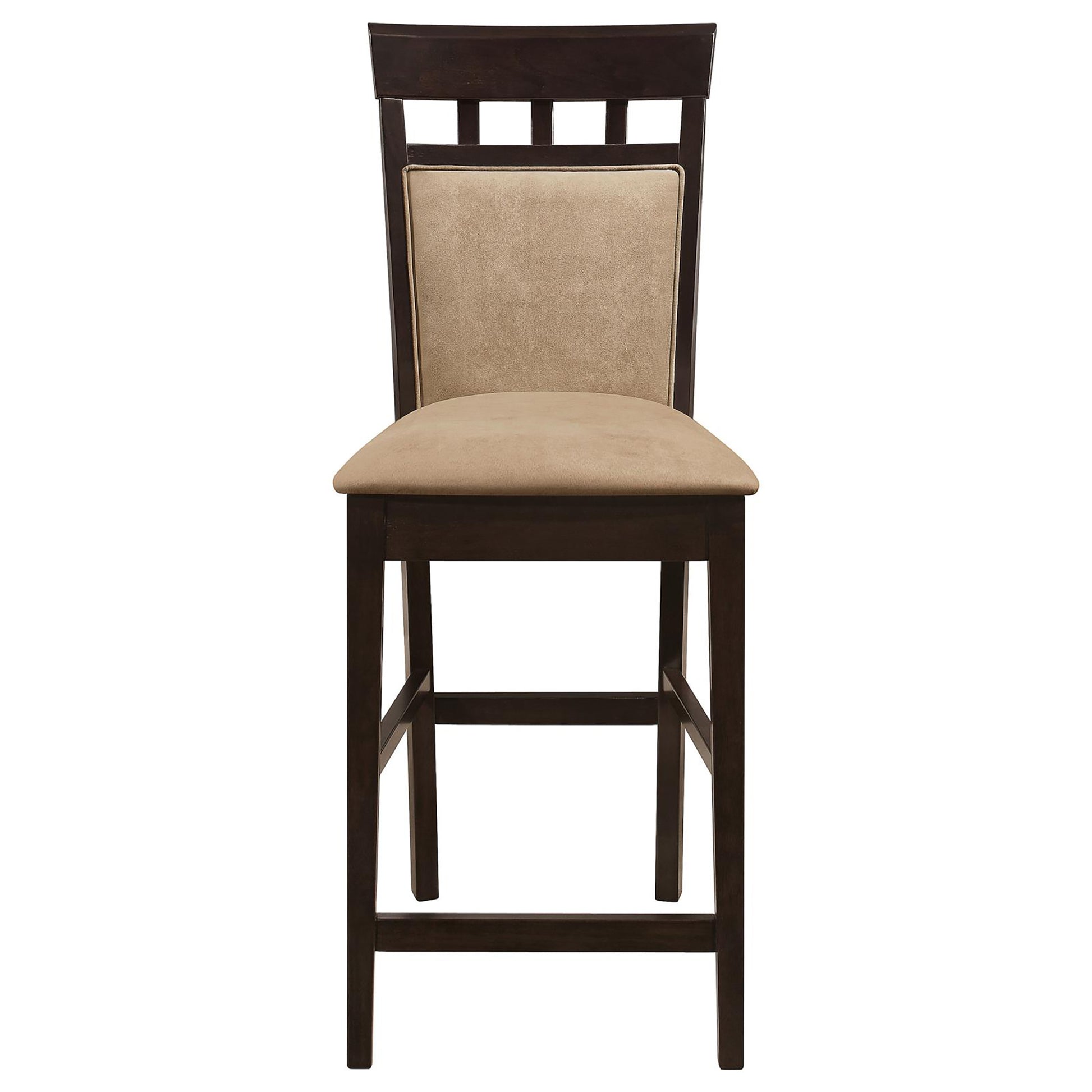 Dark brown wood bar stool with tan upholstered seat and back