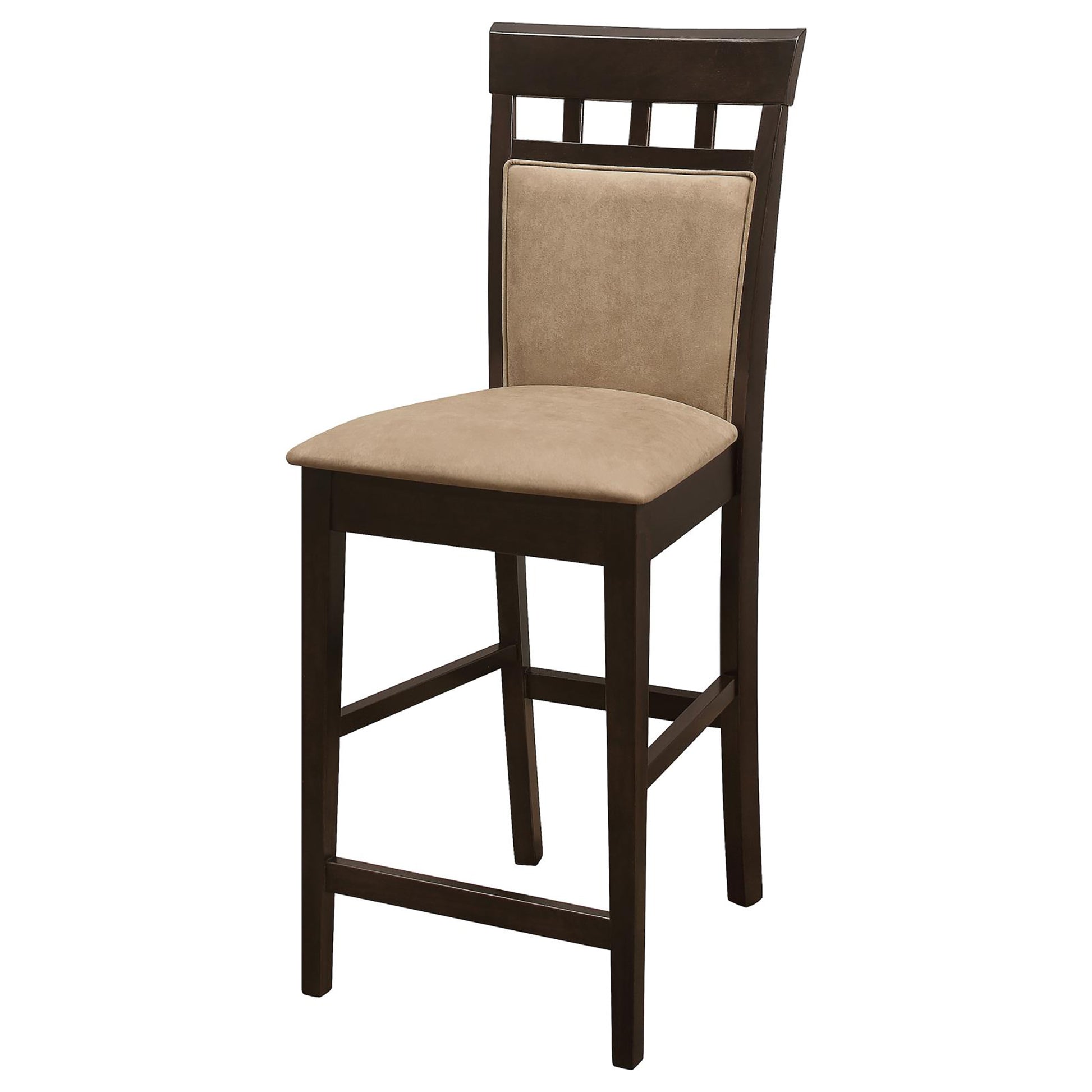 Dark wood bar stool with beige upholstered seat and backrest
