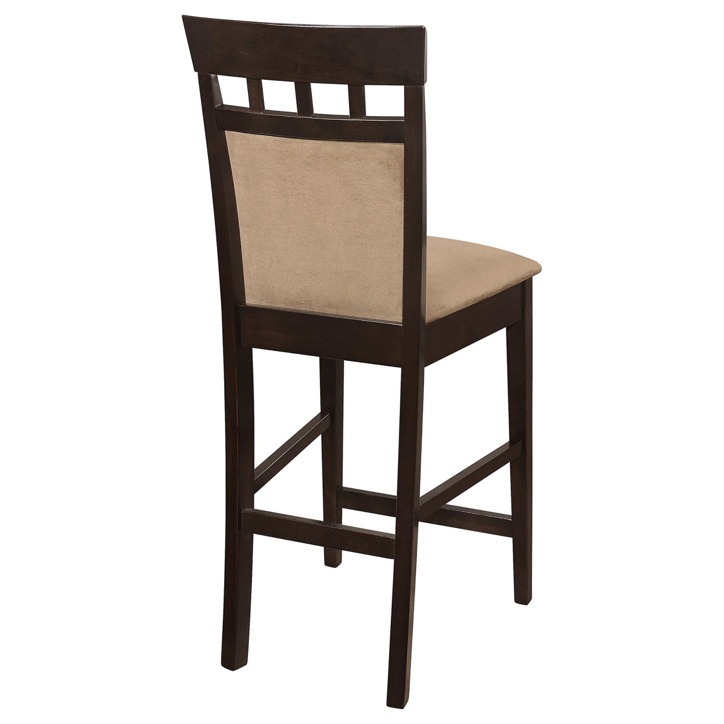 Dark brown wooden bar stool with tan upholstered seat and backrest