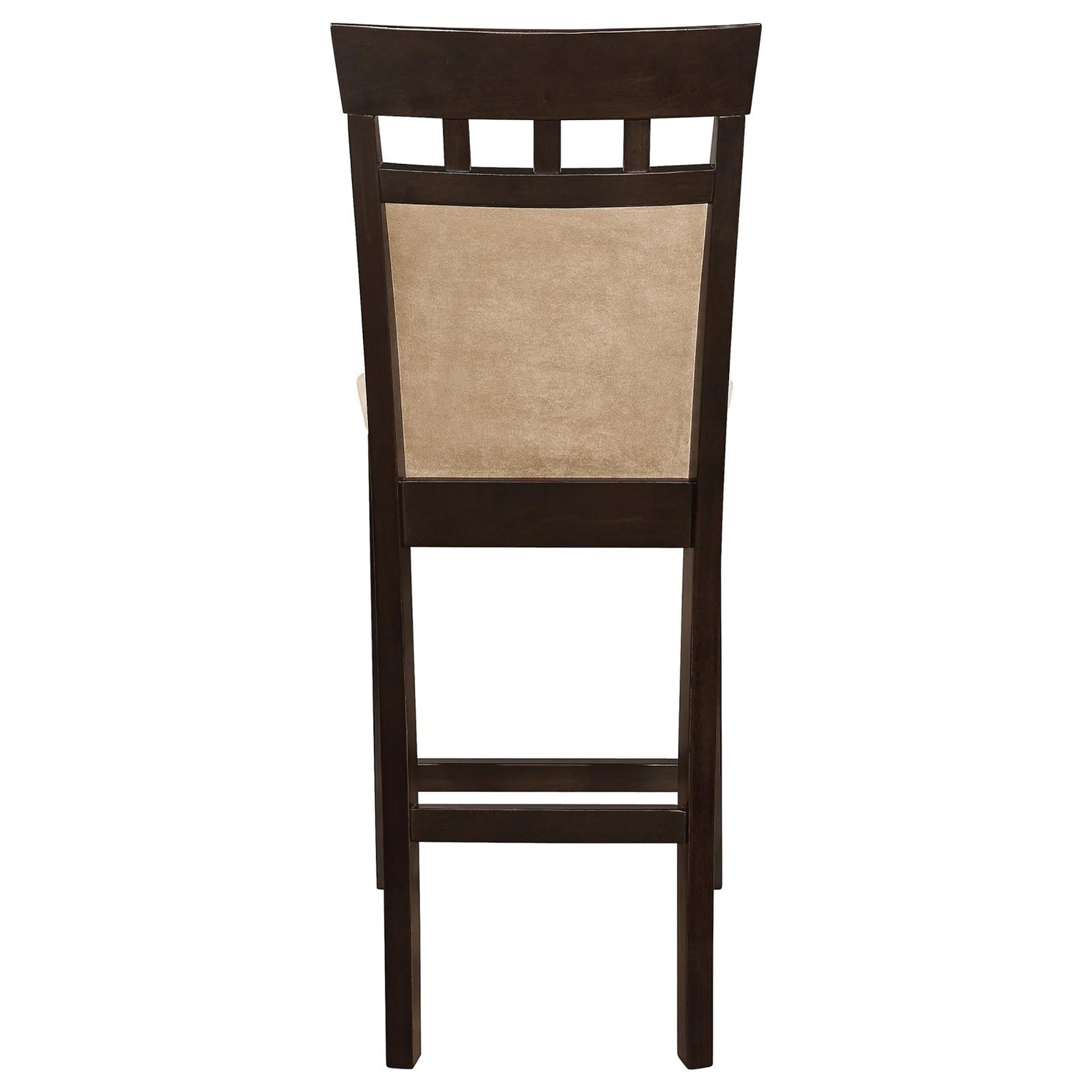 Dark brown wooden bar stool with beige upholstered back and seat