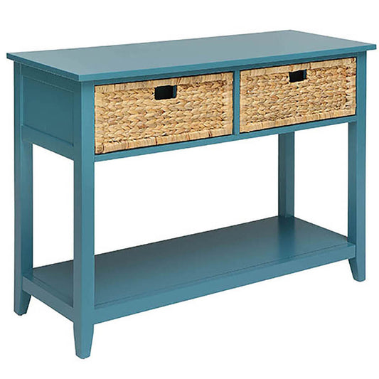 Blue wood console table with two woven basket drawers and a lower shelf for storage