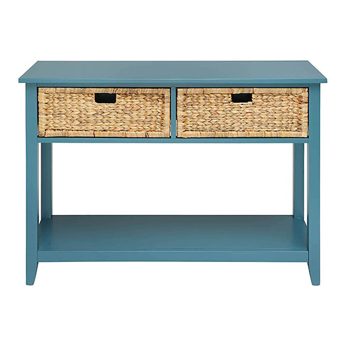 Teal blue console table with two woven storage baskets and lower shelf