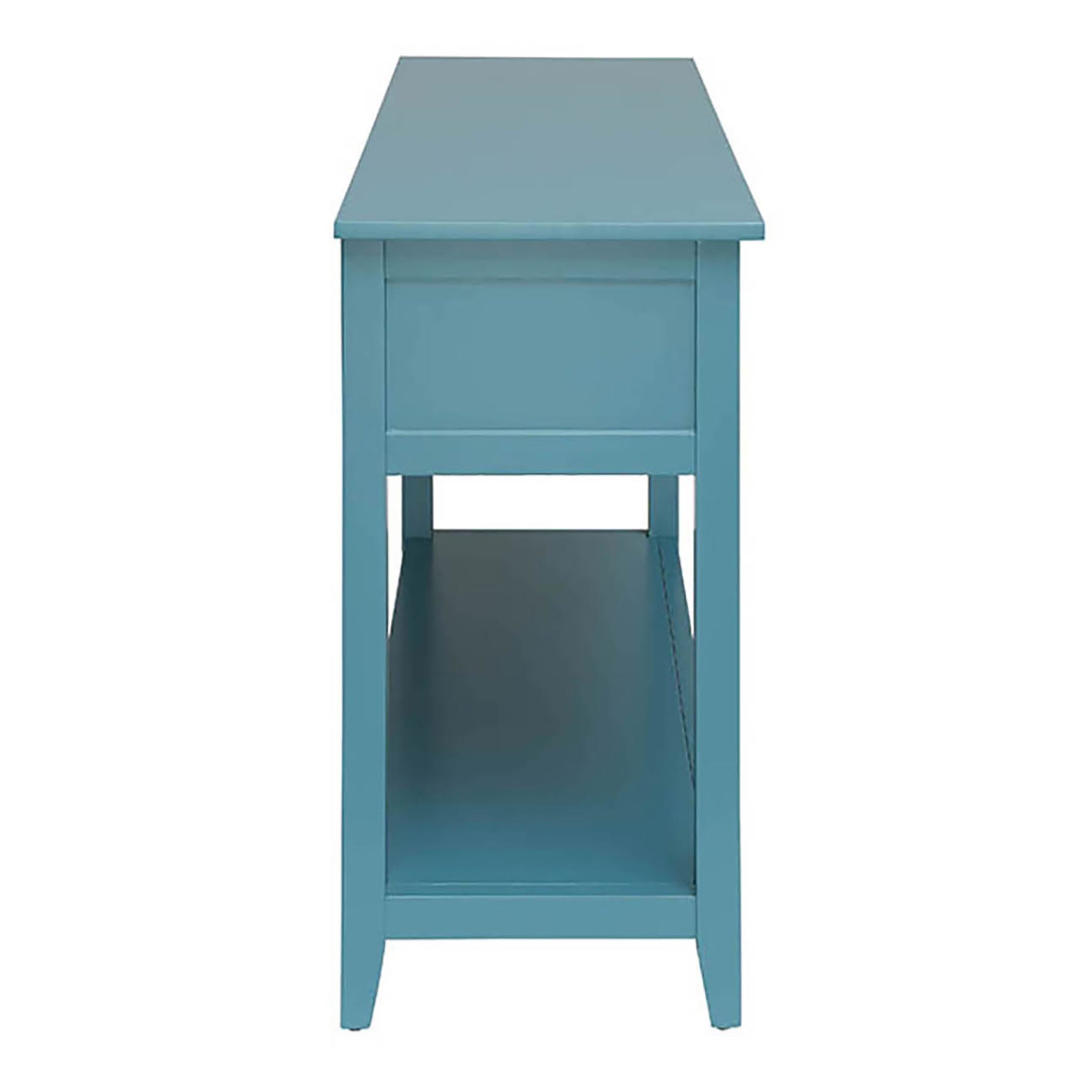 Side view of a teal wooden console table with one drawer and an open shelf