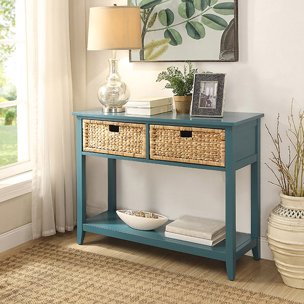 Teal console table with two woven baskets and a lower shelf