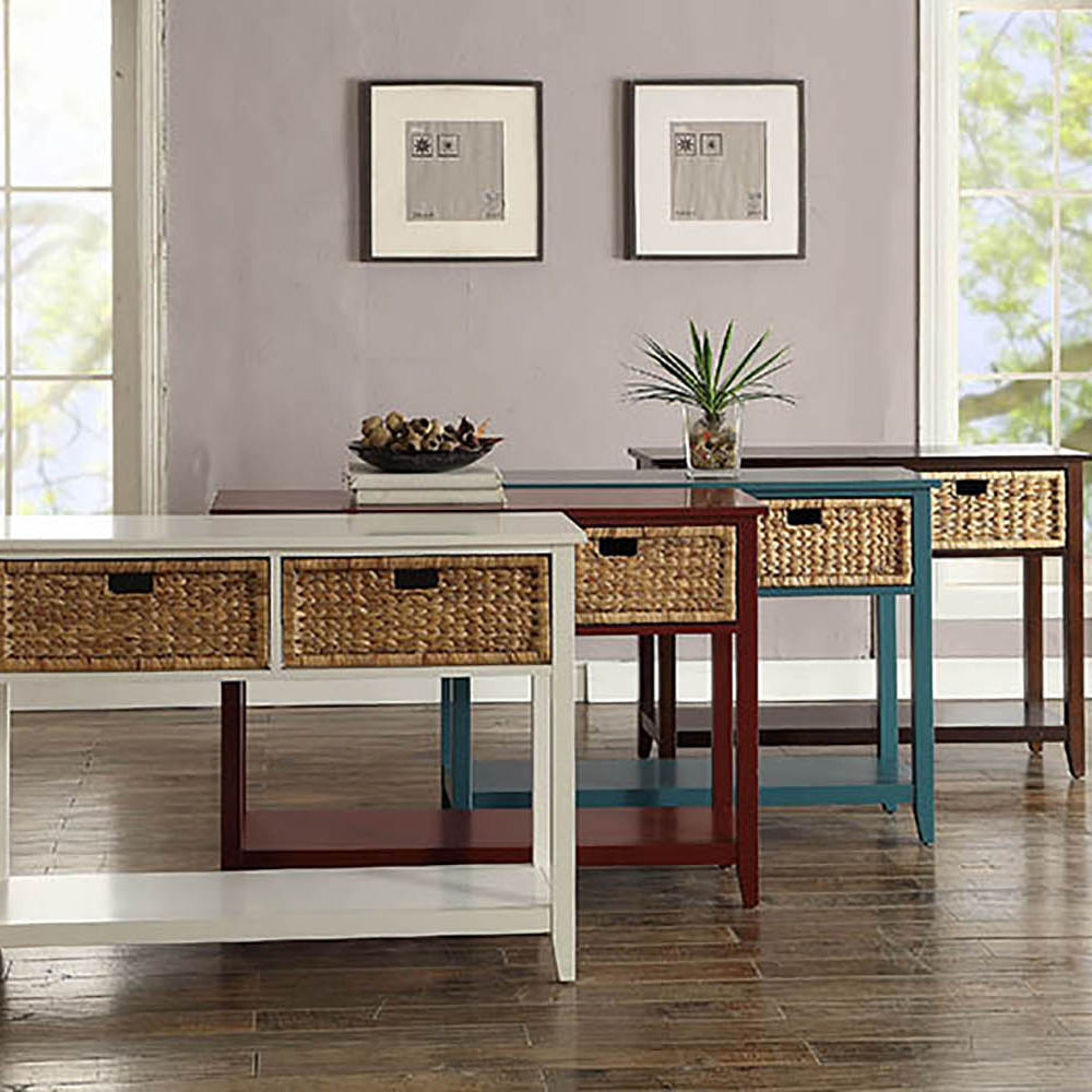 White console table with two woven basket drawers perfect for entryway storage