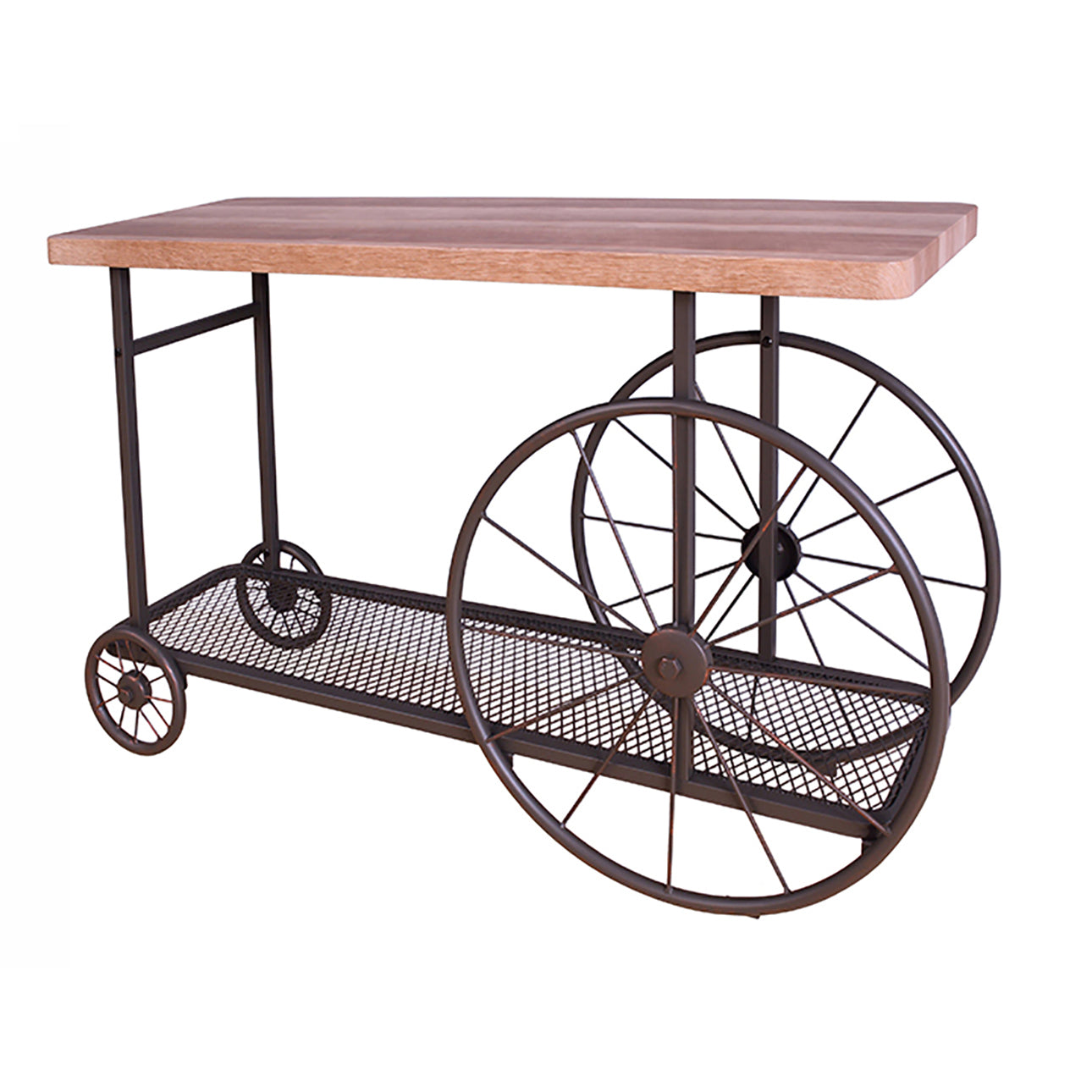 Industrial metal bar cart with rustic wood top and large spoked wheels