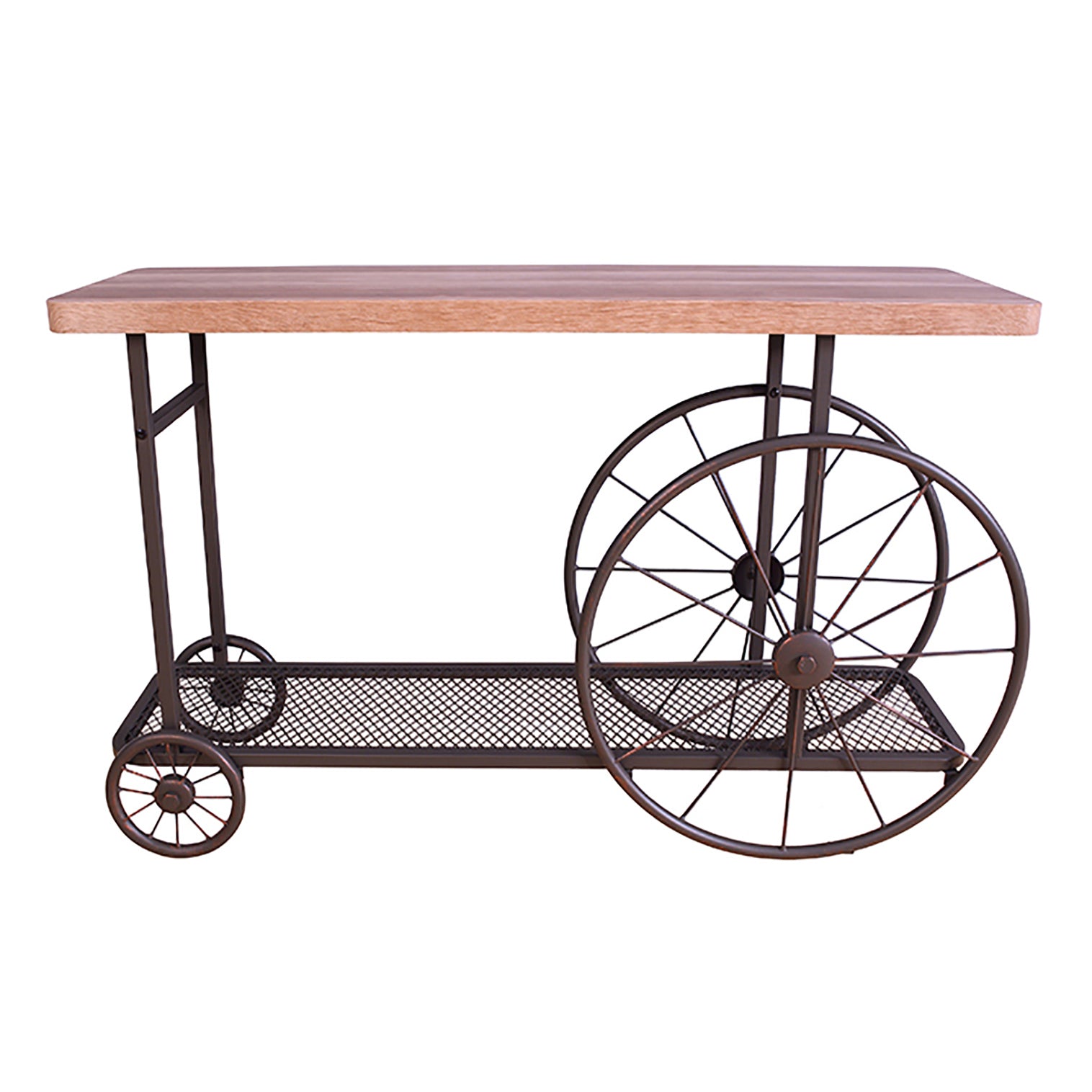 Rustic wooden bar cart with metal wheels perfect for serving drinks
