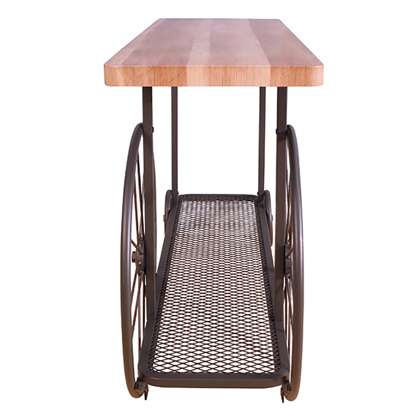 Rustic console table with natural wood top and metal industrial wheels
