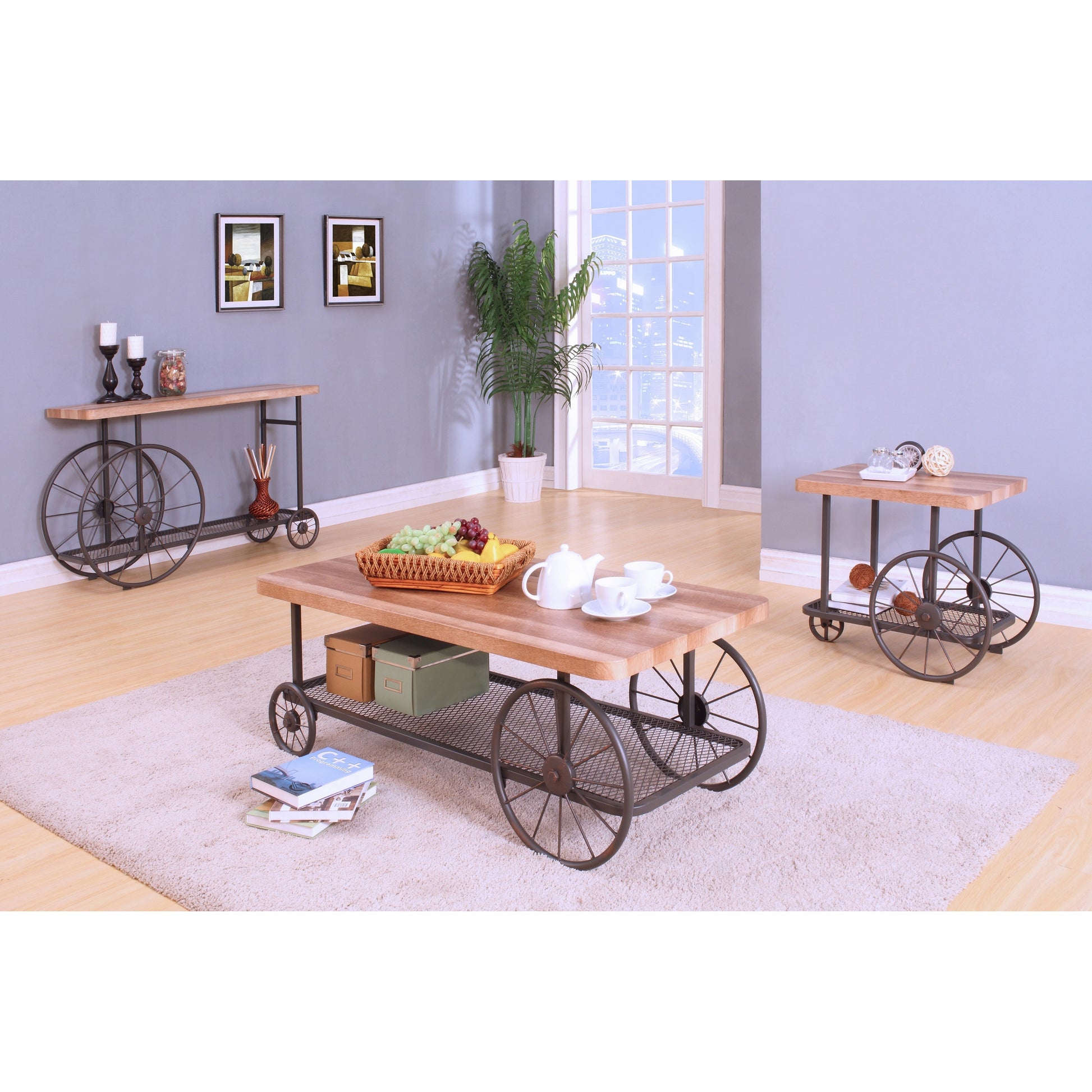Rustic metal and wood console table with decorative wheel accents and storage shelf