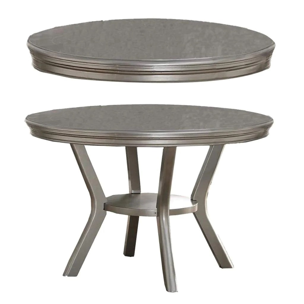 Round dining table with brushed nickel finish and decorative trim