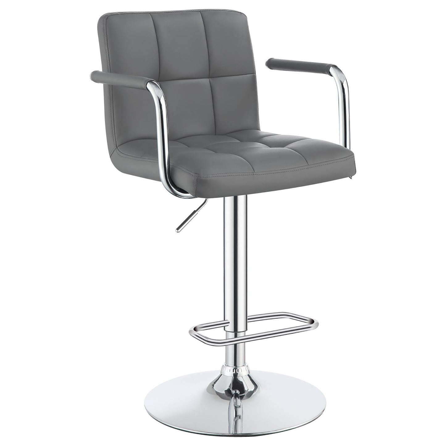 Padded gray faux leather bar stool with chrome accents and adjustable height feature