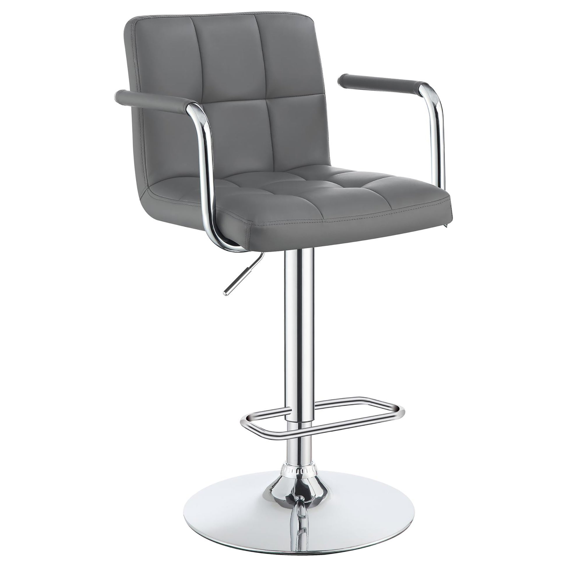 Padded gray faux leather bar stool with chrome accents and adjustable height feature