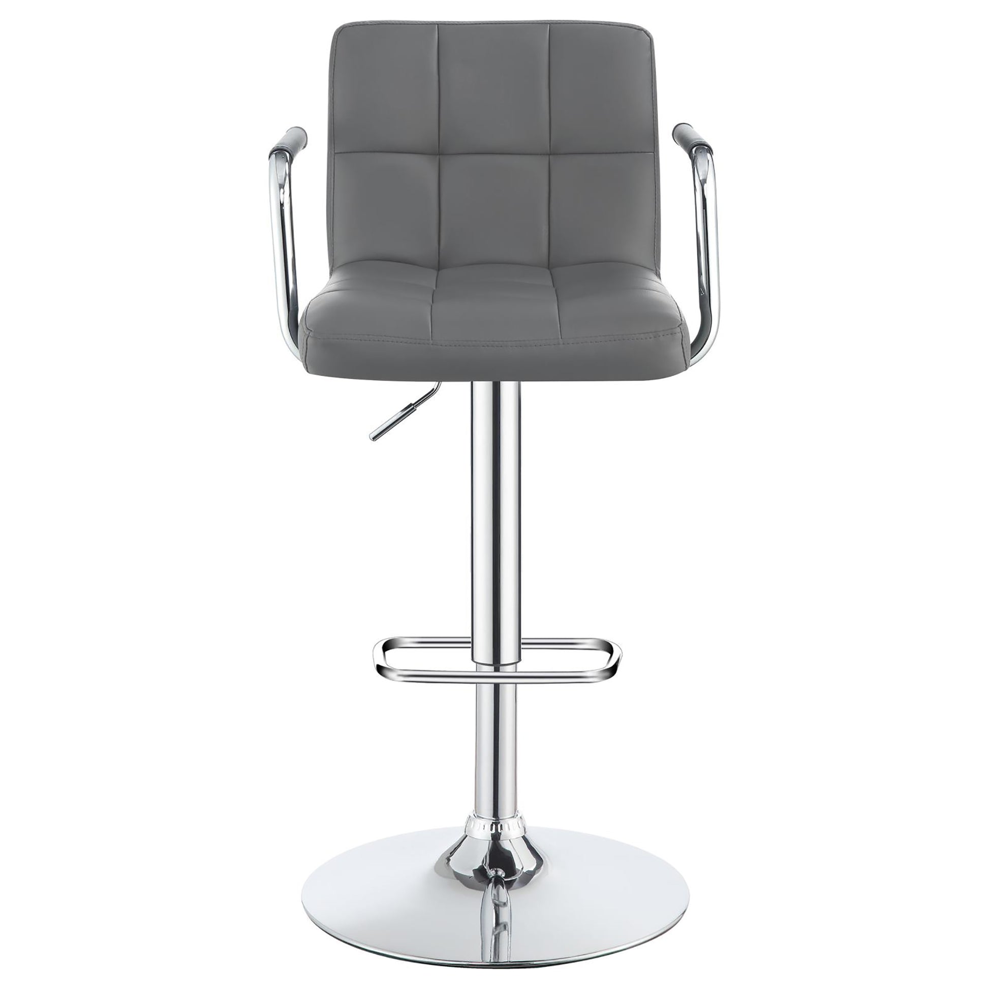 Grey faux leather bar stool with chrome accents and adjustable height
