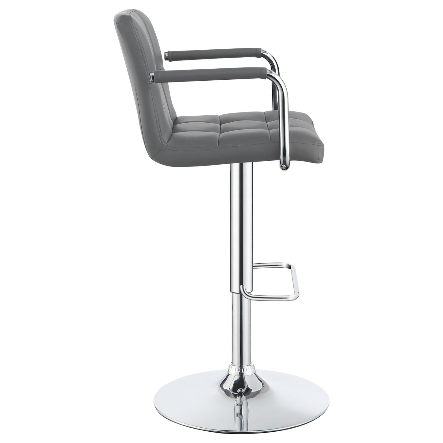 Gray faux leather bar stool with padded seat and chrome base