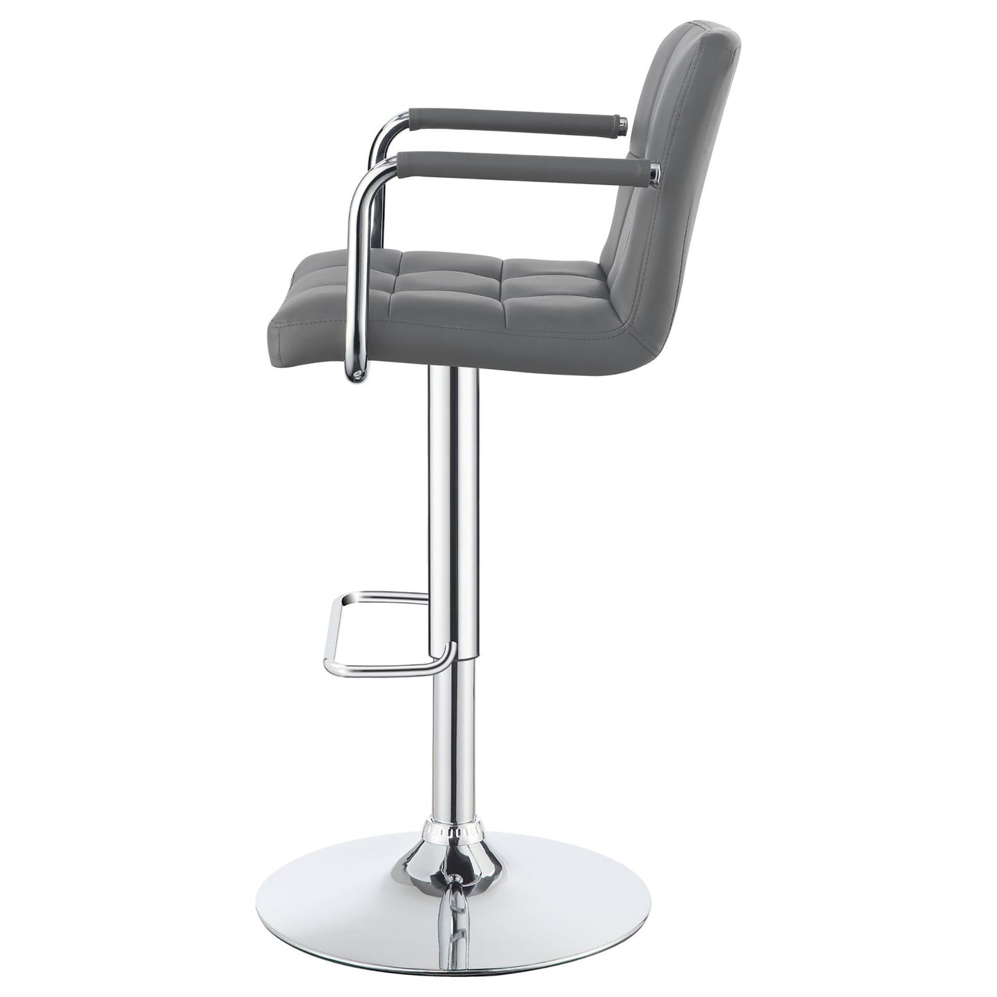 Grey upholstered bar stool with chrome accents and adjustable height