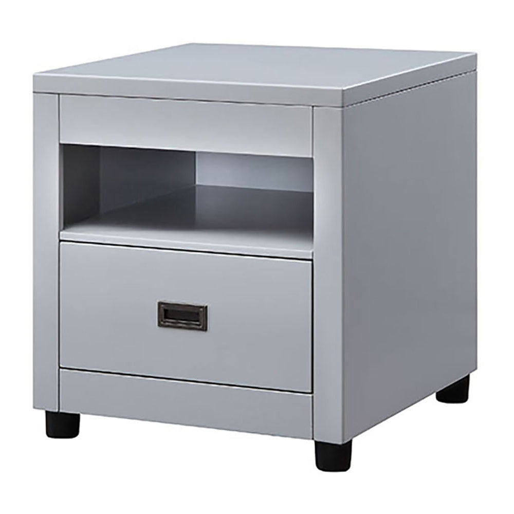 Gray modern nightstand with one drawer and open shelf for bedroom storage