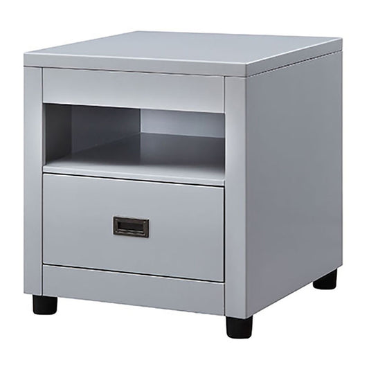 Gray modern nightstand with one drawer and open shelf for bedroom storage