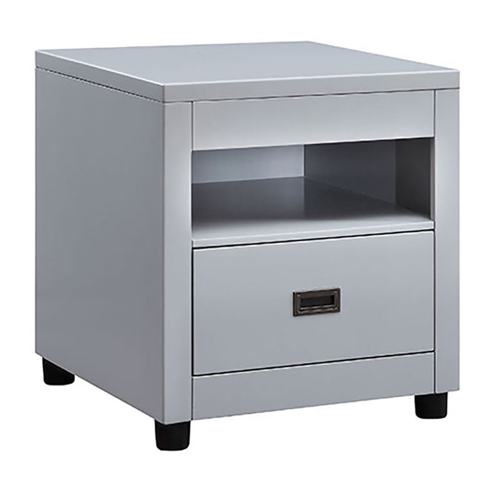 Modern gray nightstand with one drawer and open shelf  characters