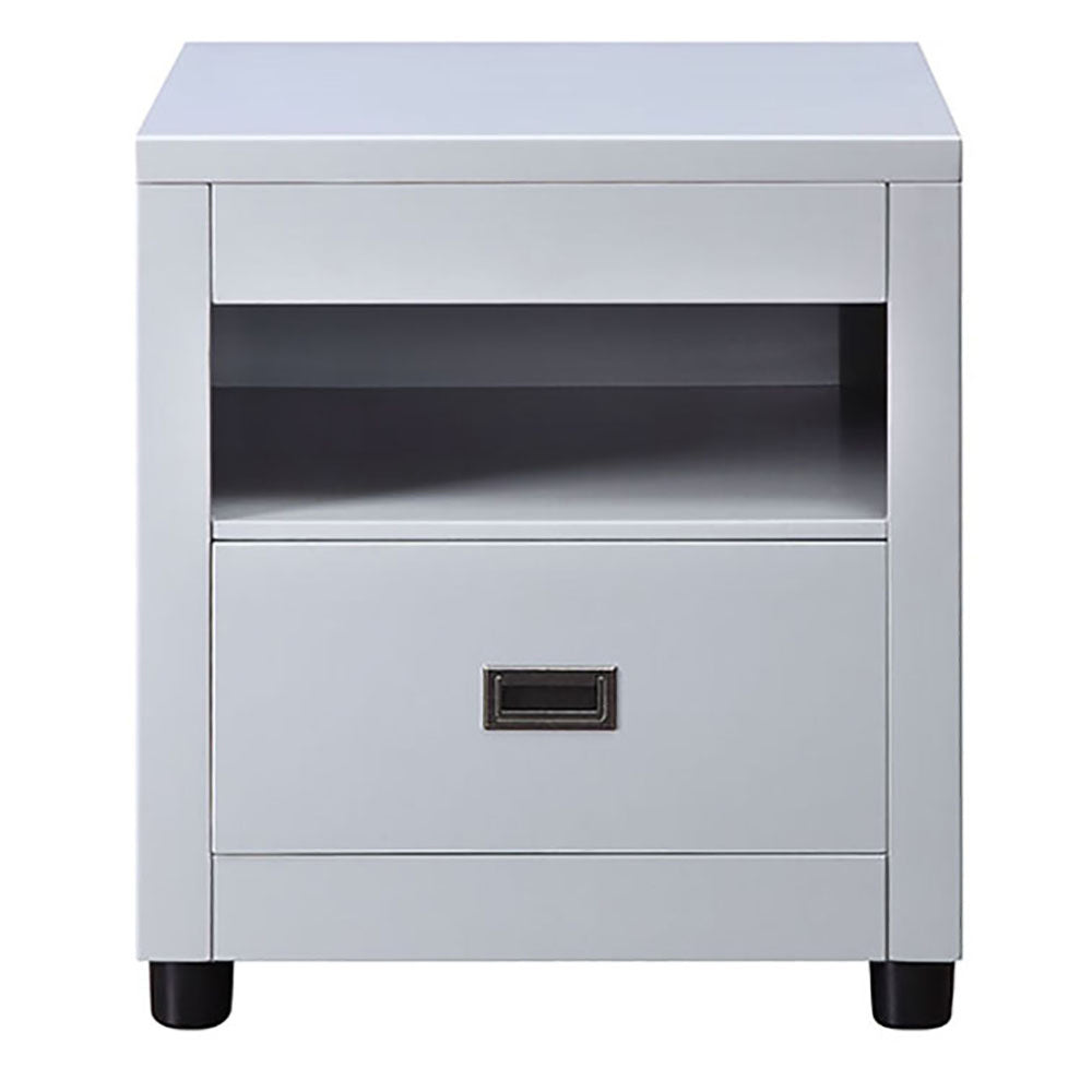 Modern gray bedside table with open shelf and drawer