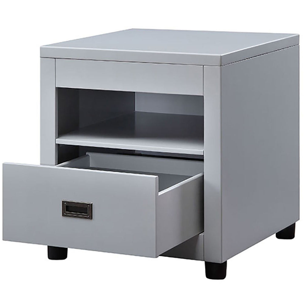 Grey modern nightstand with an open shelf and one partially open drawer