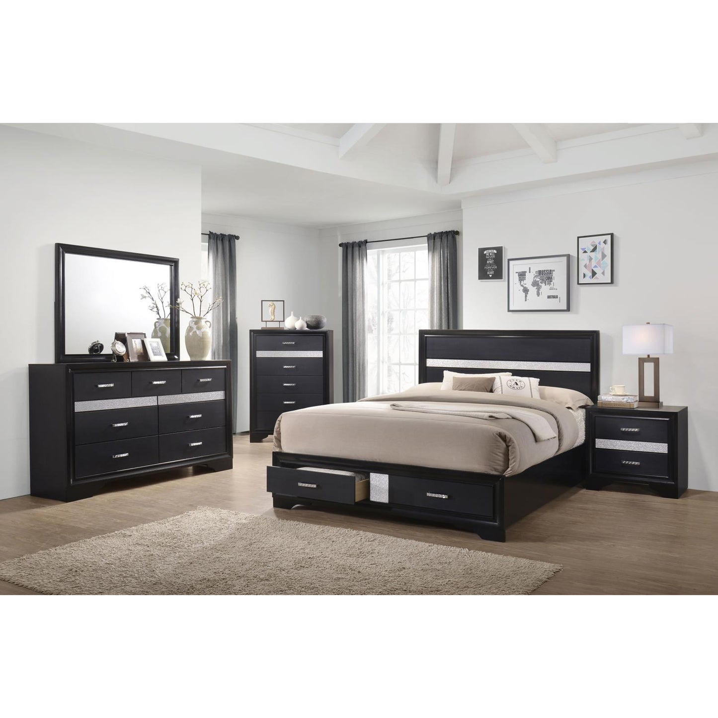 Black modern bedroom set with mirrored dresser chest bed and nightstand