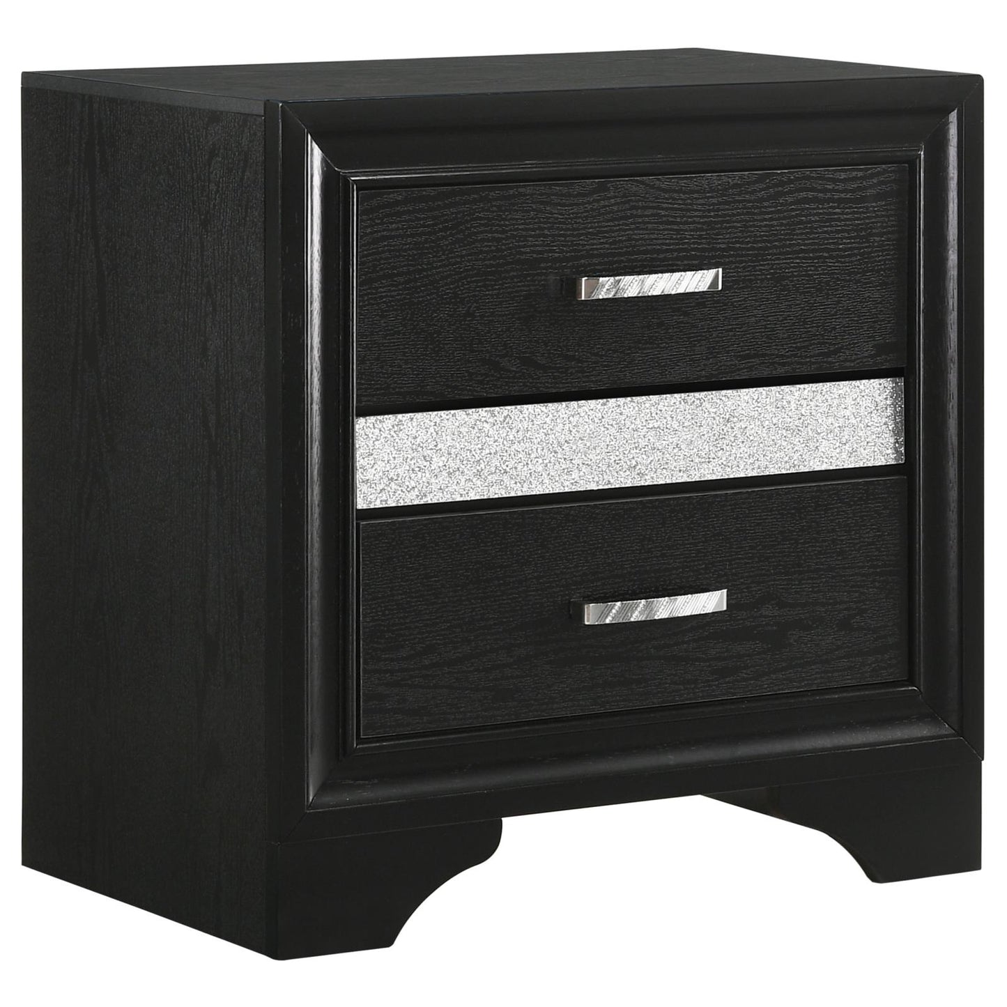 Black wood veneer nightstand with two drawers and a silver glitter accent strip
