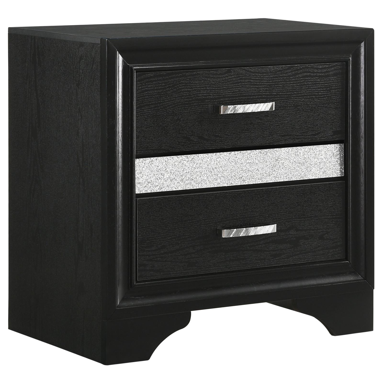 Black wood veneer nightstand with two drawers and a silver glitter accent strip