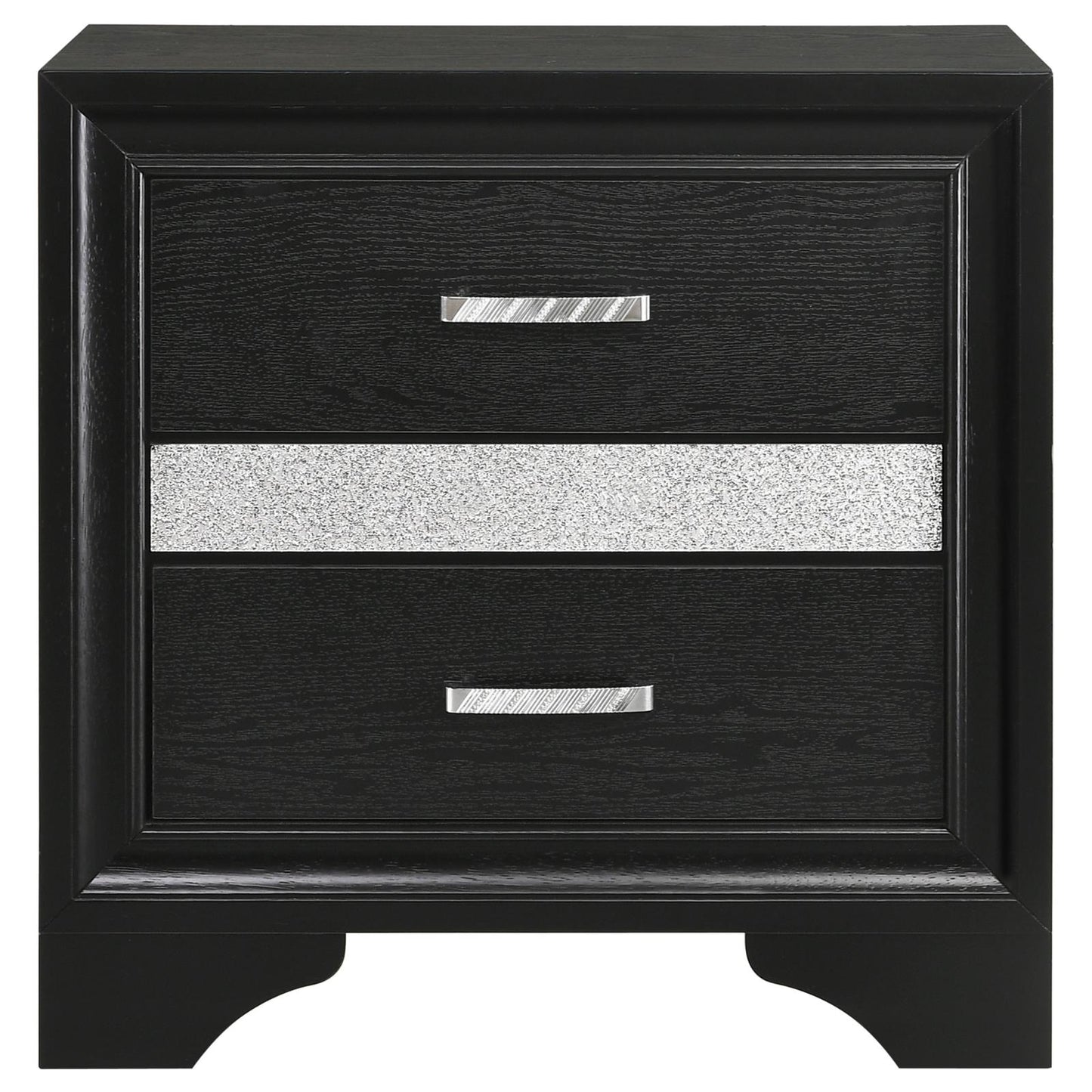 Black wood bedside table with silver glitter drawer inset and metallic handles