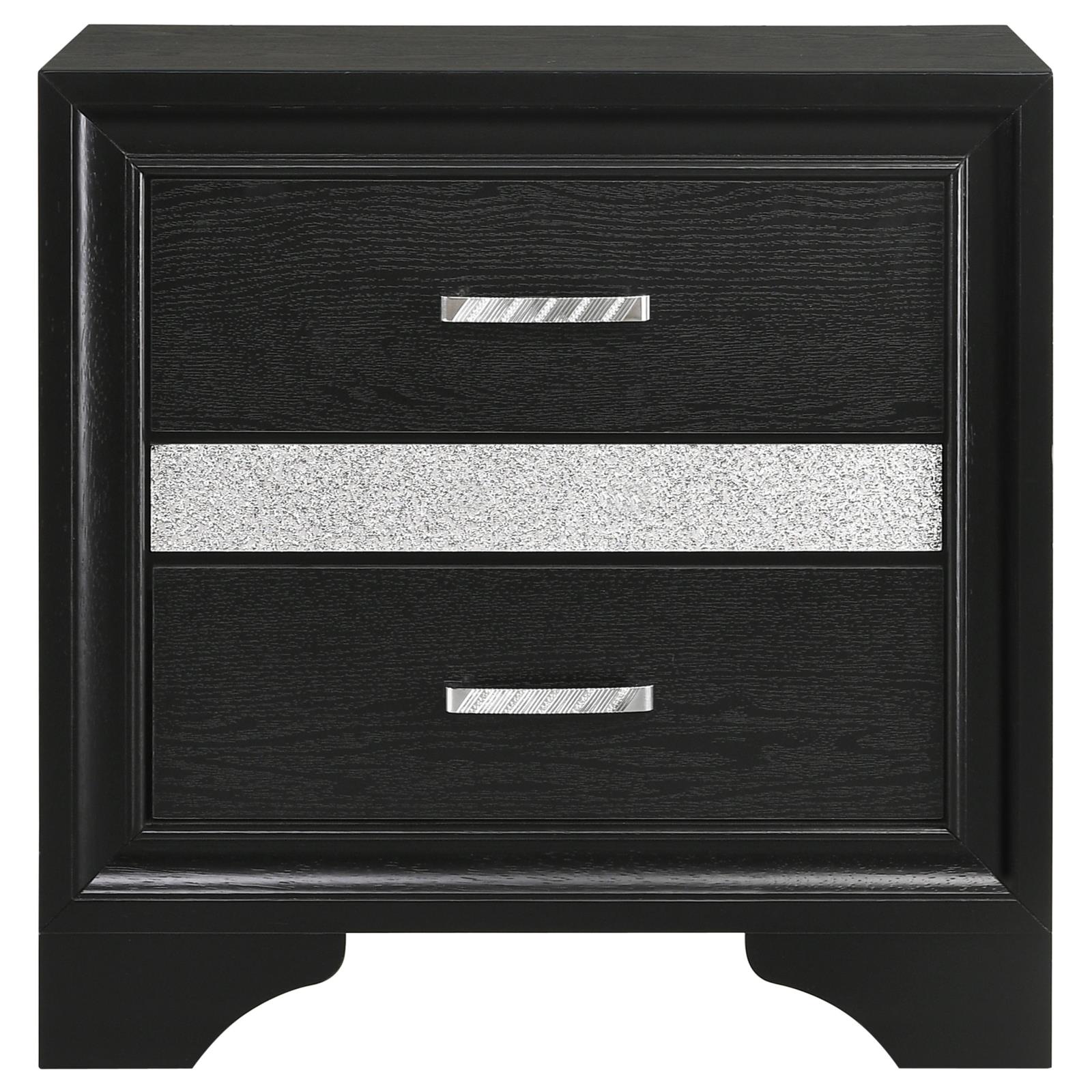 Black wood bedside table with silver glitter drawer inset and metallic handles