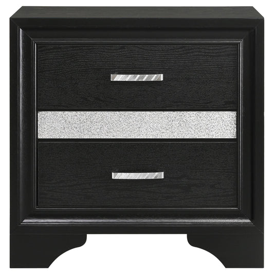 Black wood bedside table with silver glitter drawer inset and metallic handles