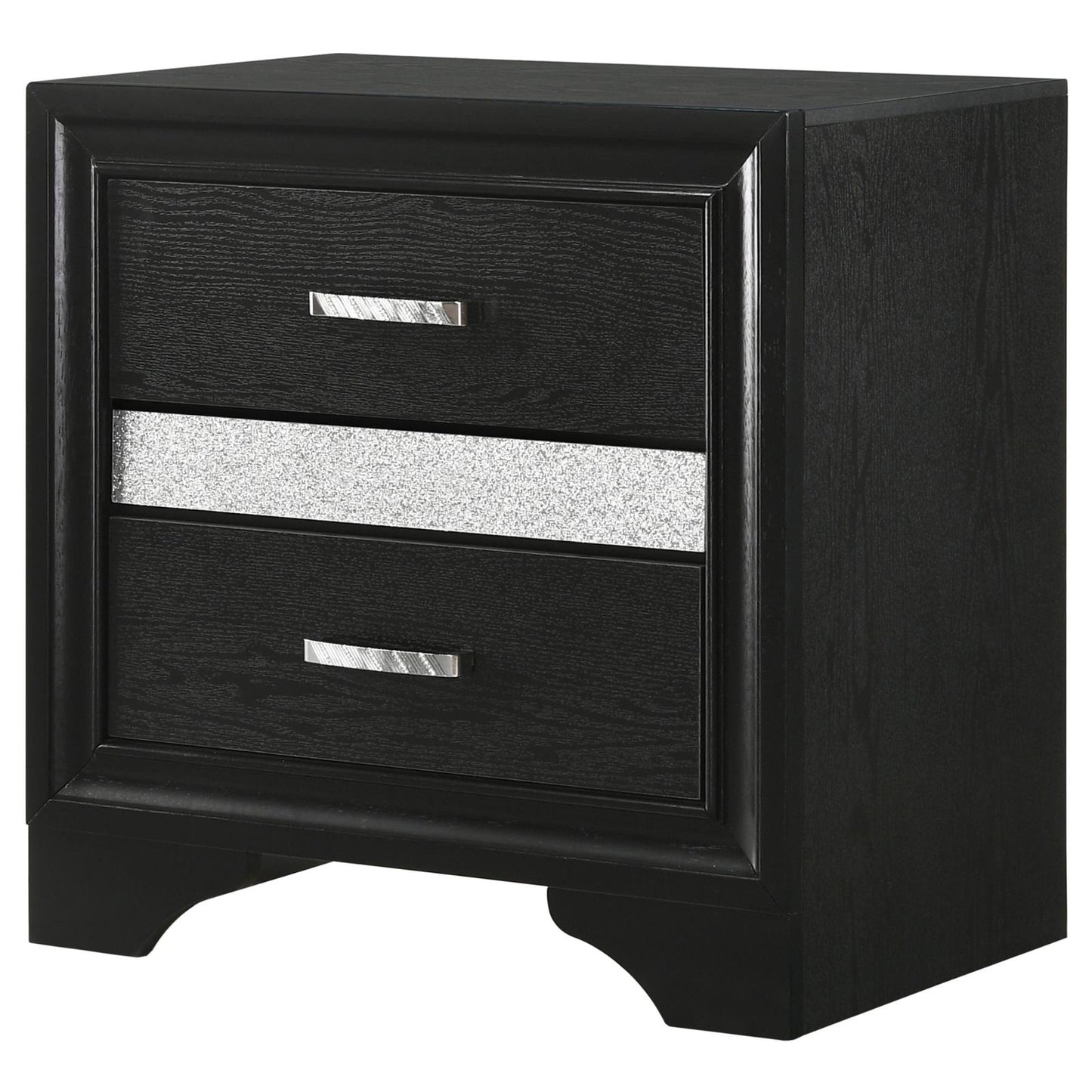 Black twodrawer nightstand with silver accent strip and brushed nickel hardware