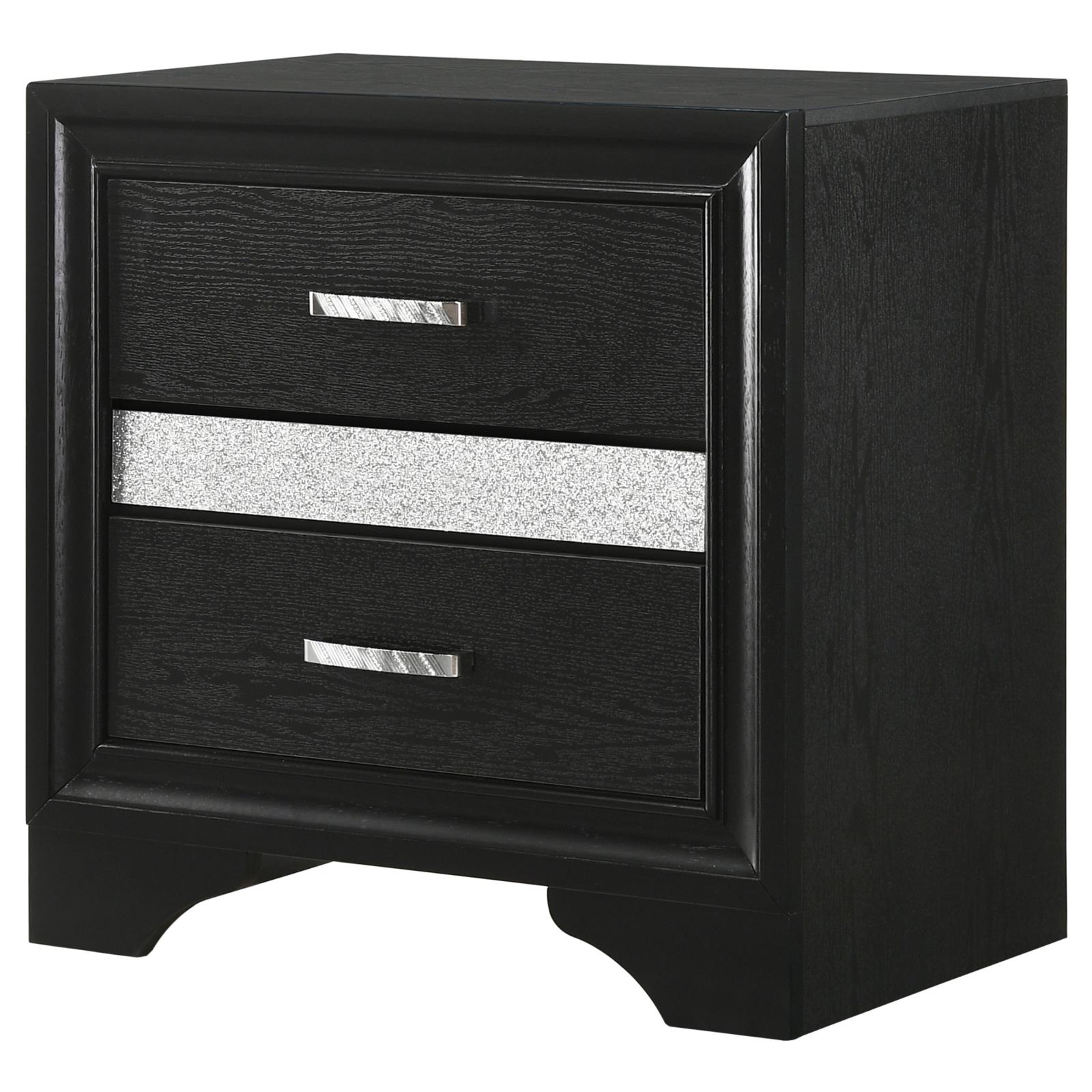 Black twodrawer nightstand with silver accent strip and brushed nickel hardware