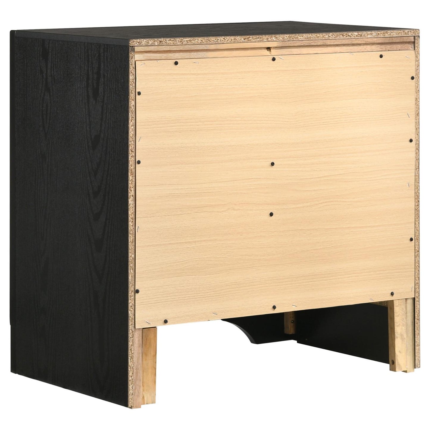 Black particleboard nightstand unfinished back with visible hardware