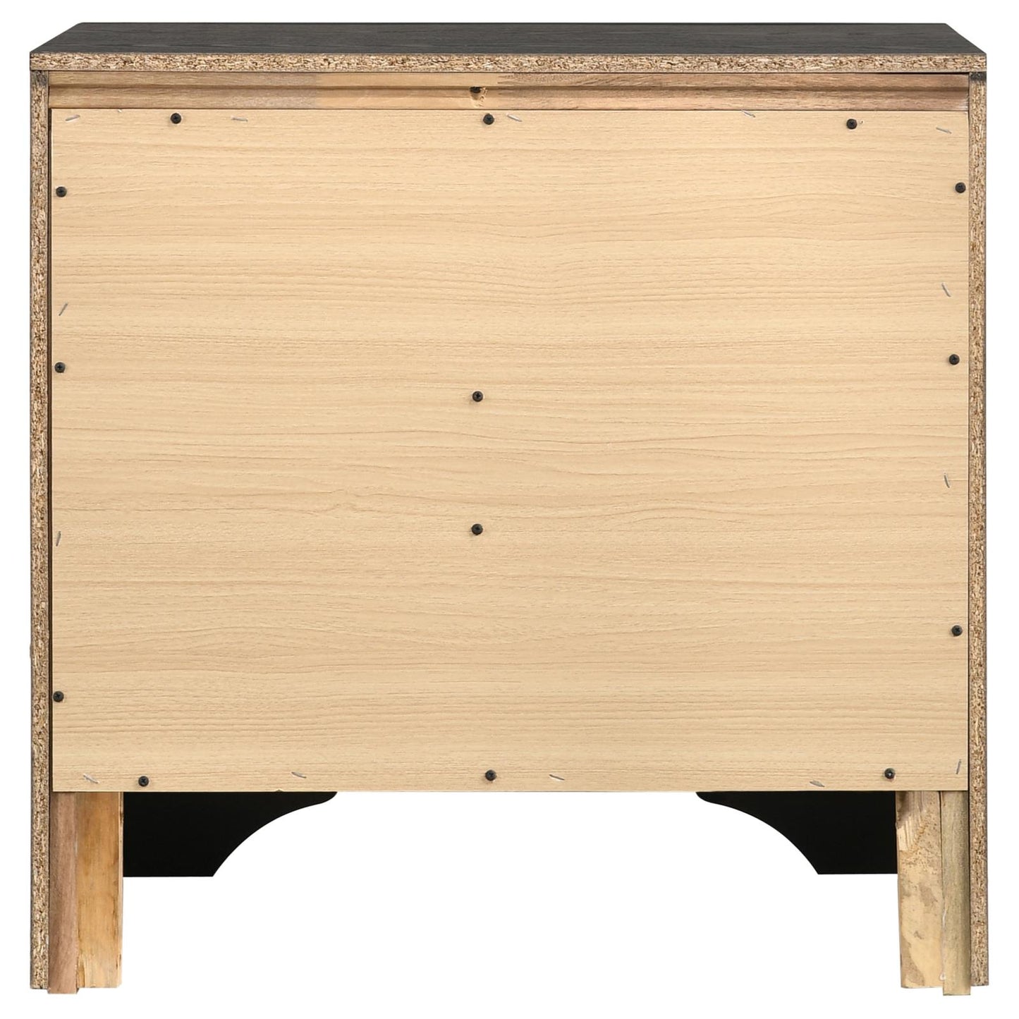 Back view of a black wood nightstand with visible internal particleboard and screws